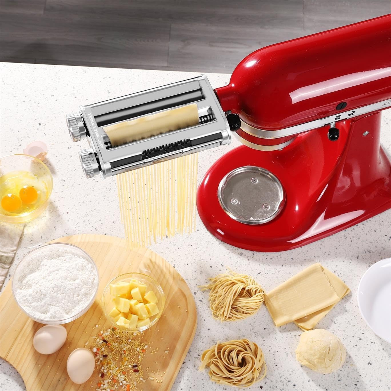 Pasta Maker Attachment 3 in 1 Set for Kitchenaid Mixers plus Hub Knob Screw Accessory Included Dough Sheet Roller, Spaghetti & Fettuccine Cutters and Cleaning Brush