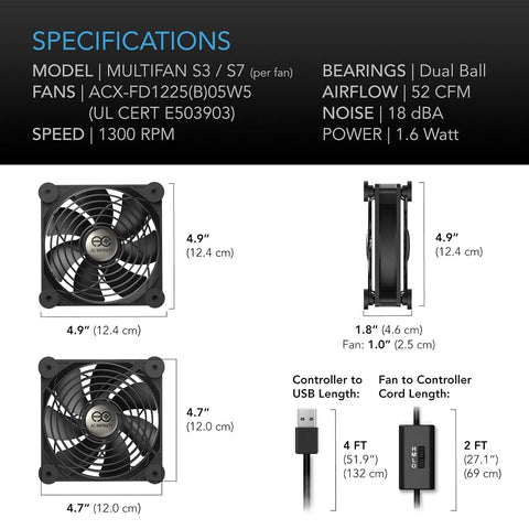 MULTIFAN S7, Quiet Dual 120Mm USB Fan, Ul-Certified for Receiver DVR Playstation Xbox Computer Cabinet Cooling