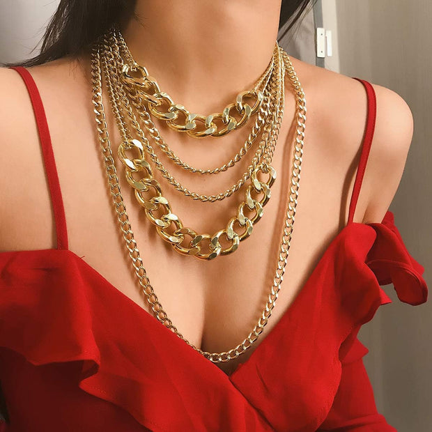 Chunky Gold Necklaces for Women,Multilayer Punk 80S Hip Hop Necklace,Layered Cuban Link Chain Statement Necklace 90S Freaknik Outfit Accessories for Women