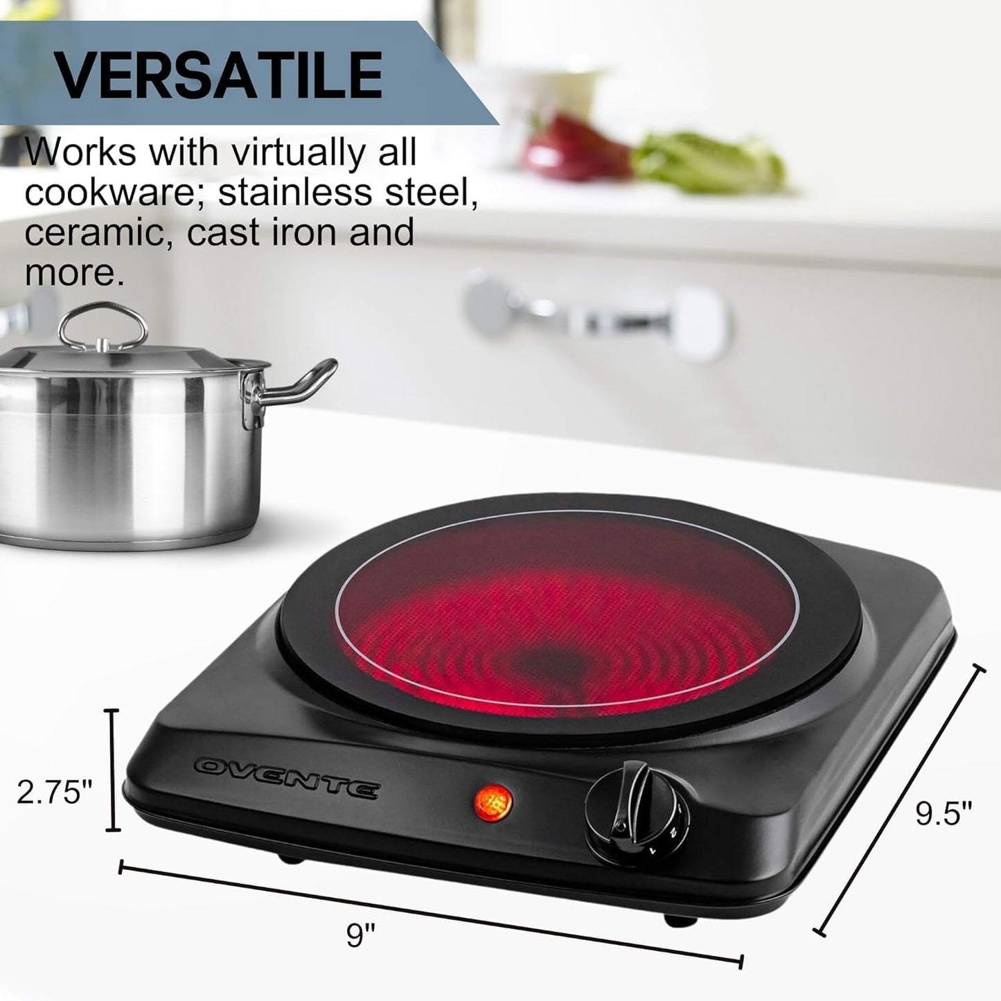 Countertop Infrared Single Burner, 1000W Electric Hot Plate with 7” Ceramic Glass Cooktop, 5 Level Temperature Setting & Easy to Clean Base, Compact Stove for Home Dorm Office, Black BGI101B