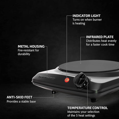 Countertop Infrared Single Burner, 1000W Electric Hot Plate with 7” Ceramic Glass Cooktop, 5 Level Temperature Setting & Easy to Clean Base, Compact Stove for Home Dorm Office, Black BGI101B