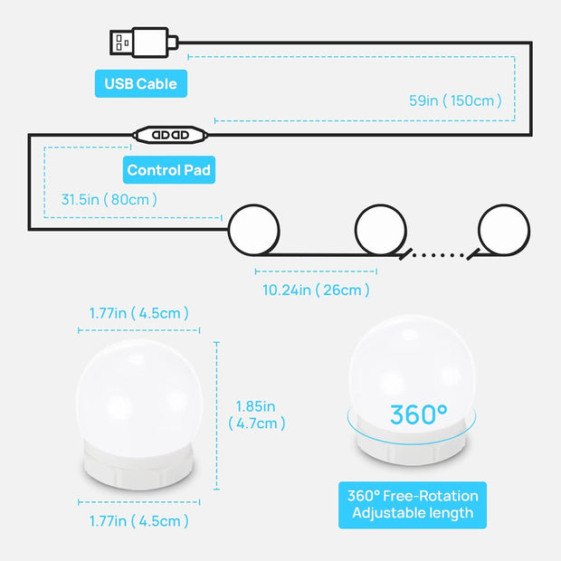 LED Vanity Lights for Mirror,  Hollywood Style with 10 Dimmable Bulbs, Adjustable Color & Brightness, USB Cable, Stick on for Makeup Table Dressing Room Mirror