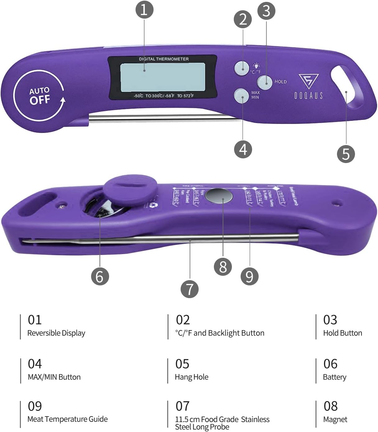 "DOQAUS Meat Thermometers, Instant Read Cooking Thermometer, Digital Food Thermometer, Backlight LCD Screen Foldable Long Probe & Auto On/Off, Perfect for Kitchen Cooking, BBQ, Water,Meat, Milk(Purple) "