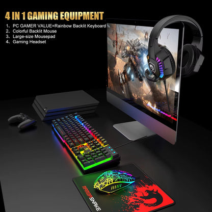 MANBASNAKE T11 Wired Gaming Keyboard and Mouse Headset Combo,Rainbow LED Backlit Wired Keyboard