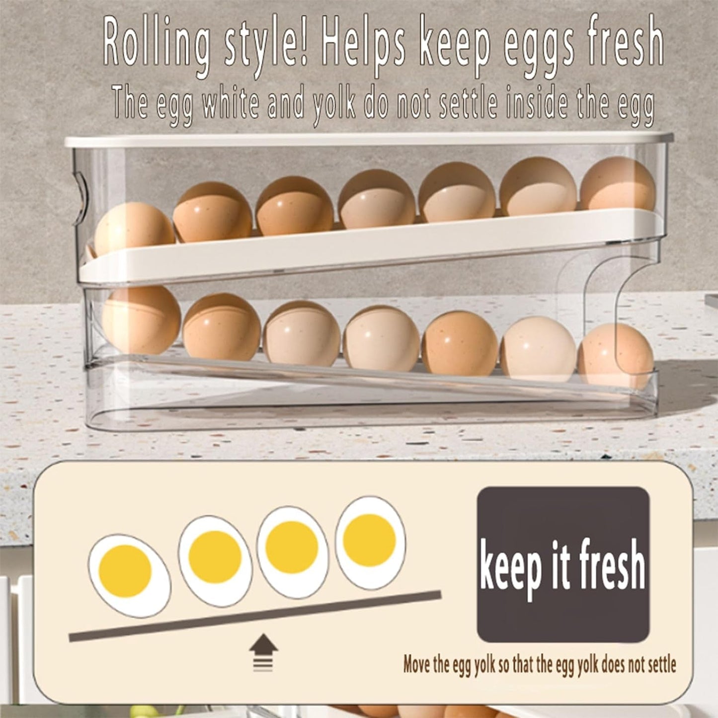 Auto Rolling Fridge Egg Organizer, Space Saving Eggs Dispenser for Refrigerator Storager with Lid,Egg Holder for Fridge 2 Pack