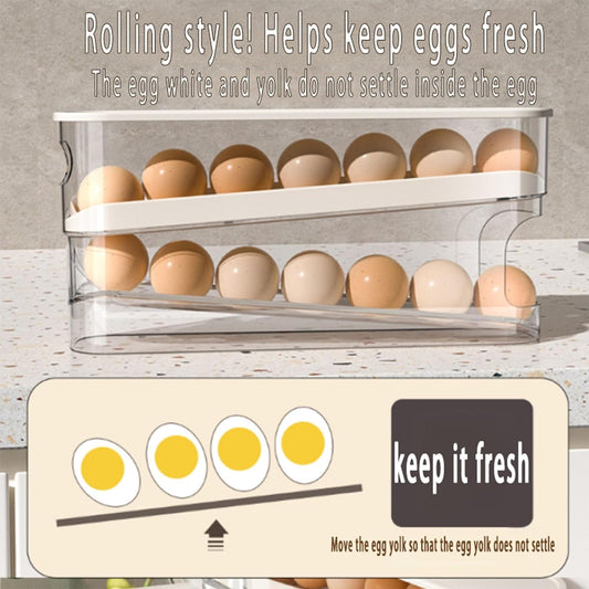 Auto Rolling Fridge Egg Organizer, Space Saving Eggs Dispenser for Refrigerator Storager with Lid,Egg Holder for Fridge 2 Pack