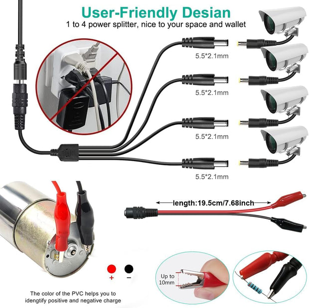 Universal Power Supply 3V~24V 3A 72W Adjustable Variable 3V 5V 9V 12V 18V 20V 24V AC/DC Adapter Charger, 100V-240V AC to DC Converter with 14 Tips, Polarity Converter and 4-Way Power Splitter Cable
