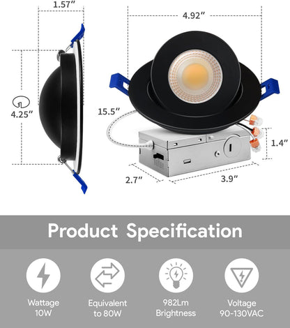4 Inch 5CCT Gimbal Black Led Recessed Lights, 360°+90° Adjustable Directional Recessed Lighting, 2700K/3000K/3500K/4000K/5000K Dimmable Retrofit Eyeball Can Lights with Jbox, Etl（Black, 6 Pack）