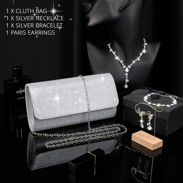 4 Pcs Silver Clutch Purse Jewelry Set for Women Evening Rhinestone Purse Silver Accessories for Women Bride Wedding Jewelry