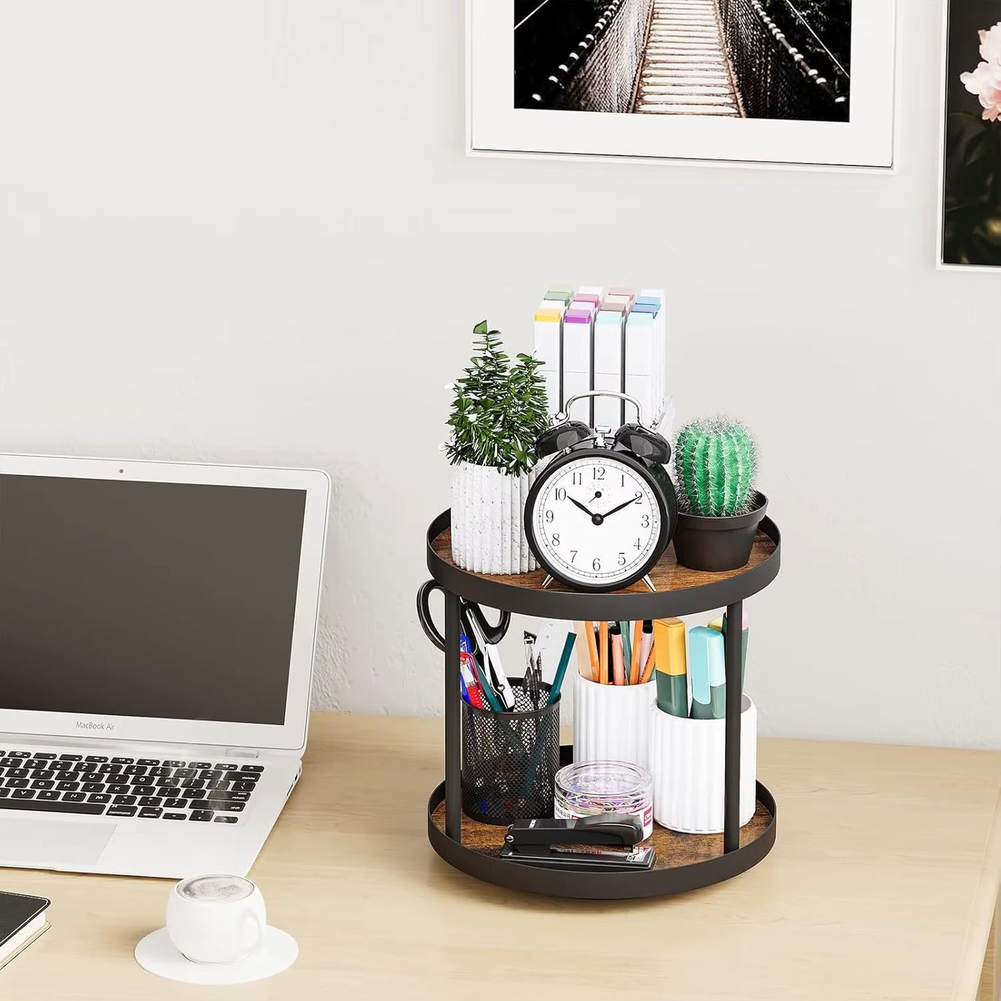 Two Tier Lazy Susan Turntable for Kitchen Countertop Spice Rack Organizer (Rustic Brown, 9.8" X 9.8" X 8.8")