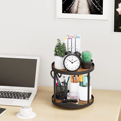 Two Tier Lazy Susan Turntable for Kitchen Countertop Spice Rack Organizer (Rustic Brown, 9.8" X 9.8" X 8.8")