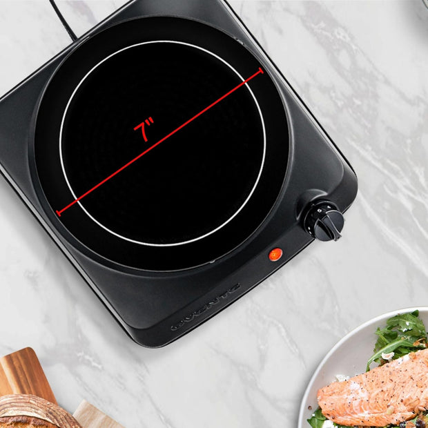 Countertop Infrared Single Burner, 1000W Electric Hot Plate with 7” Ceramic Glass Cooktop, 5 Level Temperature Setting & Easy to Clean Base, Compact Stove for Home Dorm Office, Black BGI101B