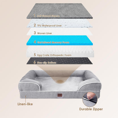 Orthopedic Dog Beds for Extra Large Dogs, Waterproof Memory Foam XL Pet Bed with Sides, Non-Slip and Egg-Crate Foam Big Dog Couch Bed with Washable Removable Cover, Grey