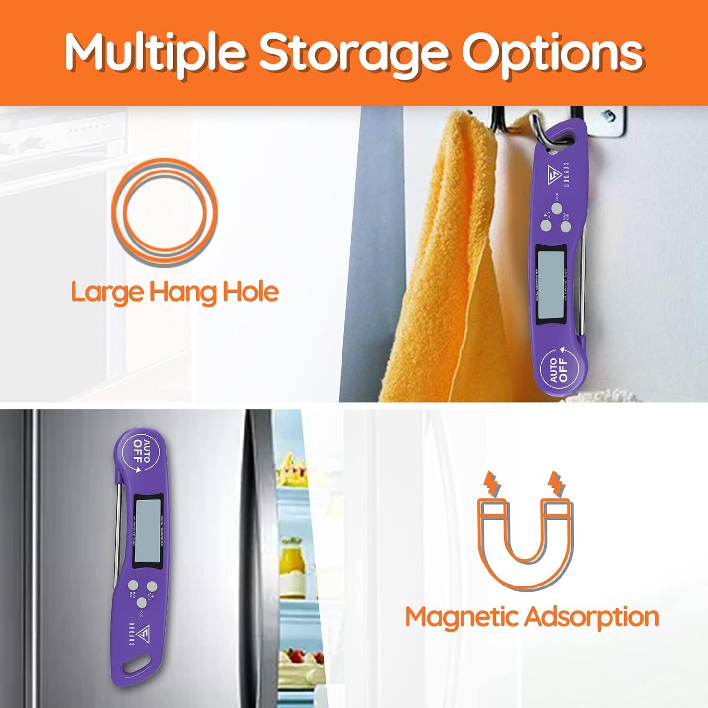 "DOQAUS Meat Thermometers, Instant Read Cooking Thermometer, Digital Food Thermometer, Backlight LCD Screen Foldable Long Probe & Auto On/Off, Perfect for Kitchen Cooking, BBQ, Water,Meat, Milk(Purple) "