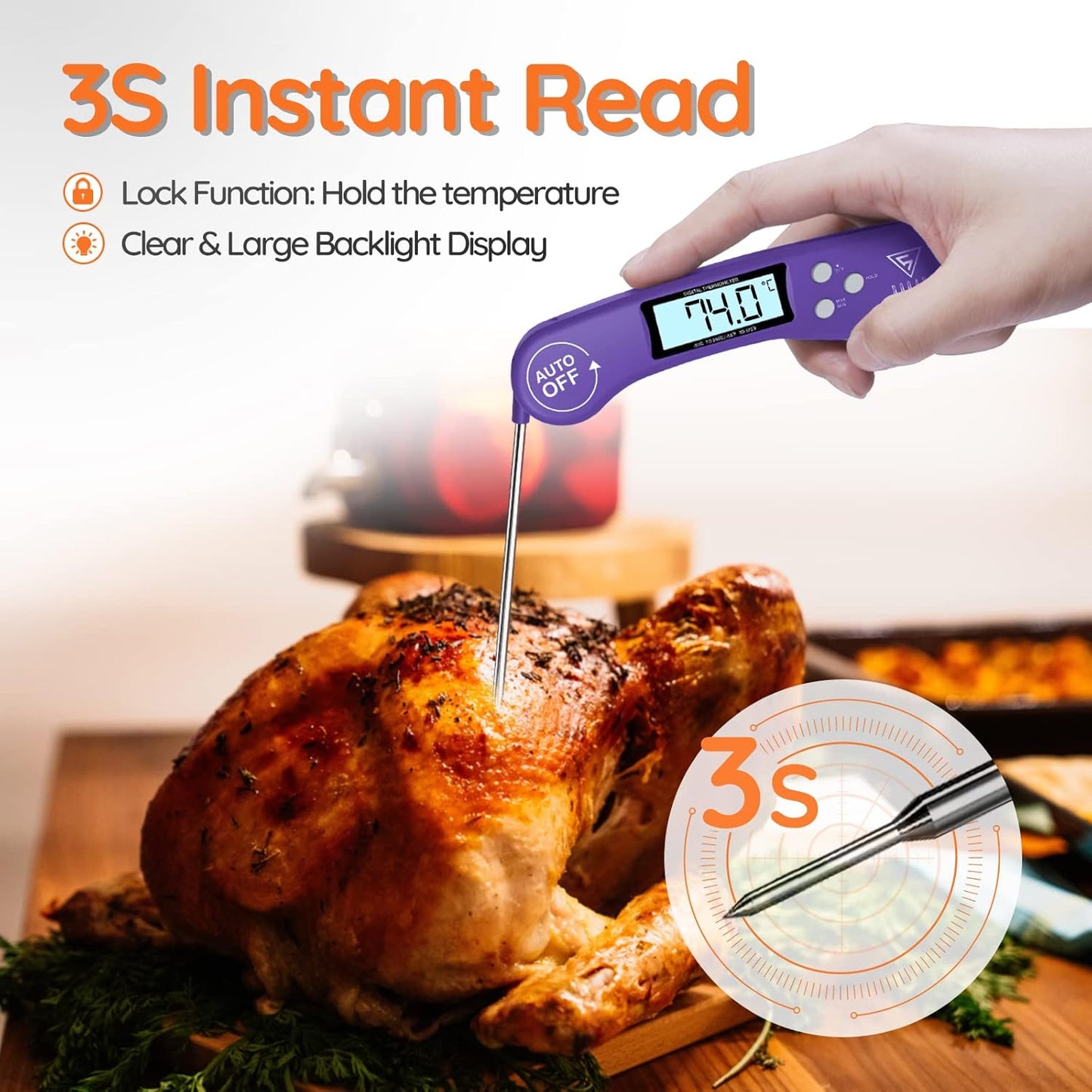 "DOQAUS Meat Thermometers, Instant Read Cooking Thermometer, Digital Food Thermometer, Backlight LCD Screen Foldable Long Probe & Auto On/Off, Perfect for Kitchen Cooking, BBQ, Water,Meat, Milk(Purple) "