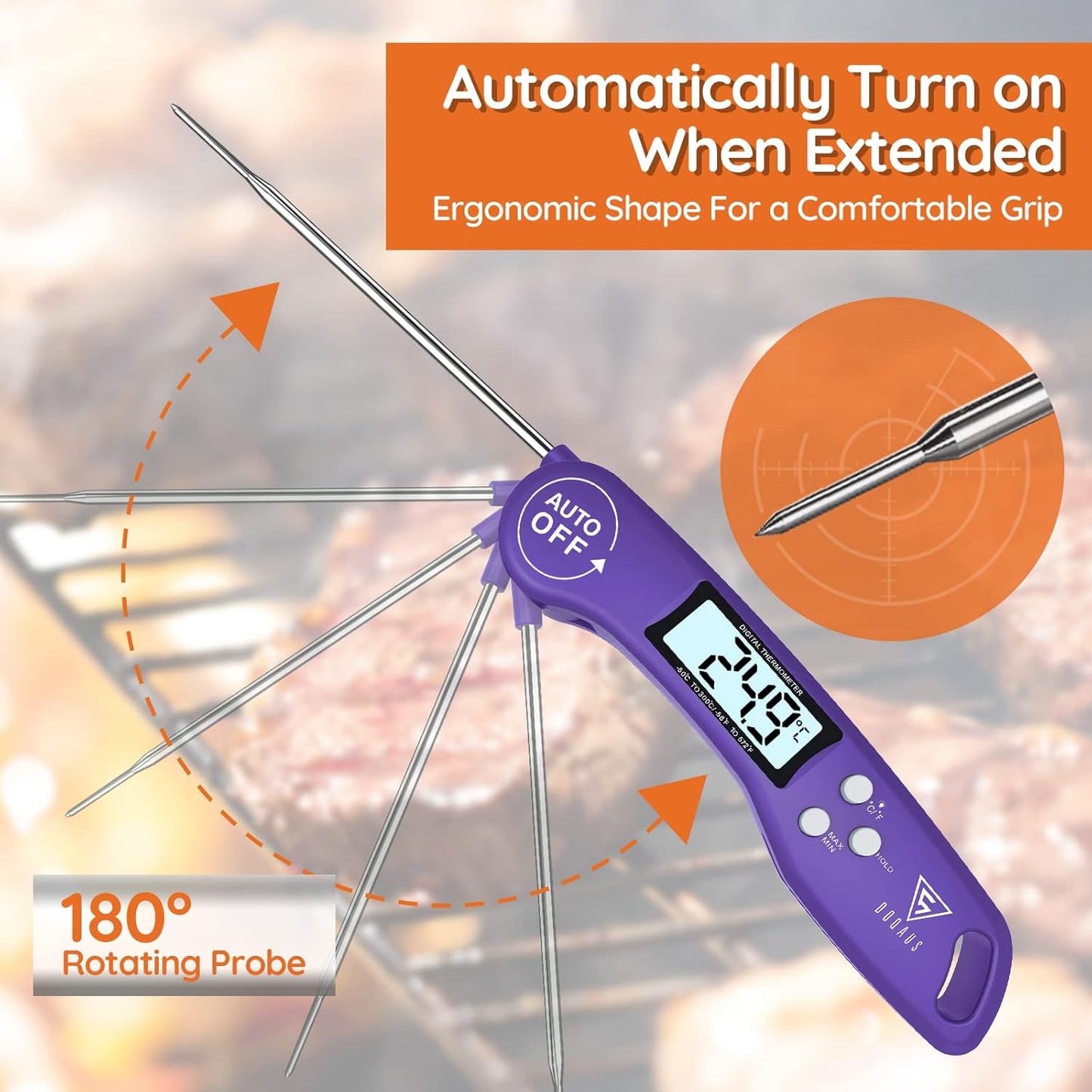 "DOQAUS Meat Thermometers, Instant Read Cooking Thermometer, Digital Food Thermometer, Backlight LCD Screen Foldable Long Probe & Auto On/Off, Perfect for Kitchen Cooking, BBQ, Water,Meat, Milk(Purple) "