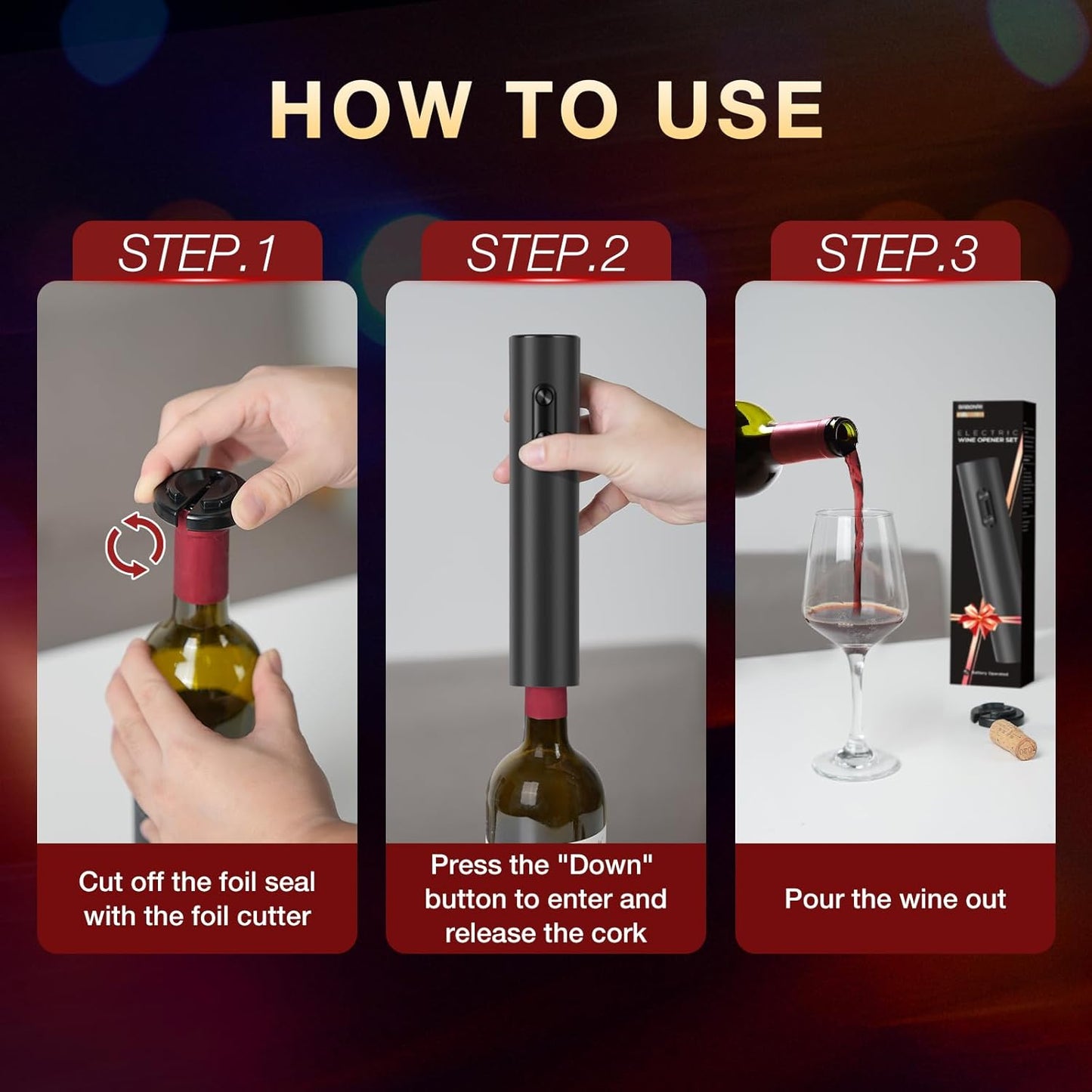 Electric Wine Opener, Battery Operated Bottle Openers with Foil Cutter, One Click Button Corkscrew Remover Ideal Present for Wine Lovers Party and Home Entertaining