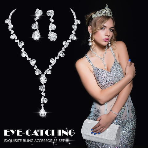 4 Pcs Silver Clutch Purse Jewelry Set for Women Evening Rhinestone Purse Silver Accessories for Women Bride Wedding Jewelry
