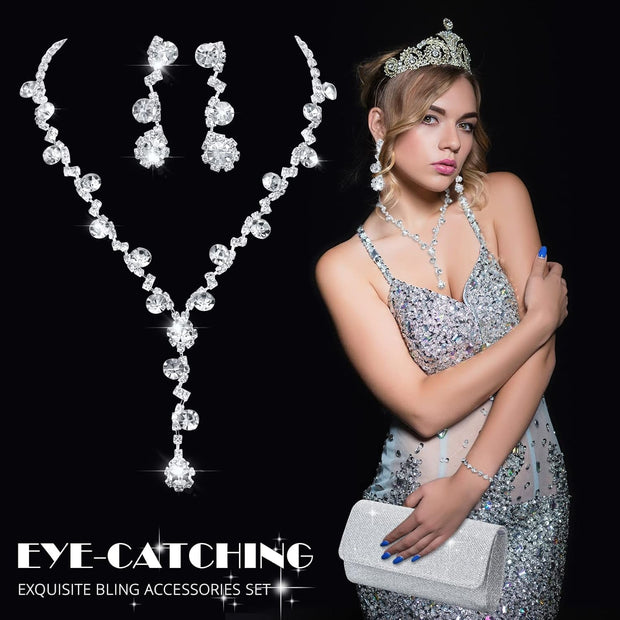 4 Pcs Silver Clutch Purse Jewelry Set for Women Evening Rhinestone Purse Silver Accessories for Women Bride Wedding Jewelry