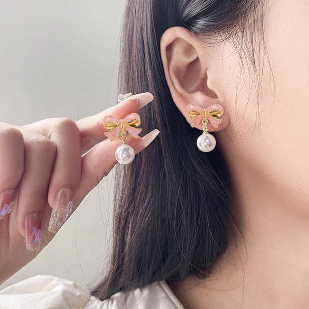 Gold Pearl Bow Earrings for Women Trendy Pink Coquette Drop Stud Ribbon Silver Earrings Dangle Jewelry - Unique Gifts for Wife Preppy Cute Teen Accessories 2025