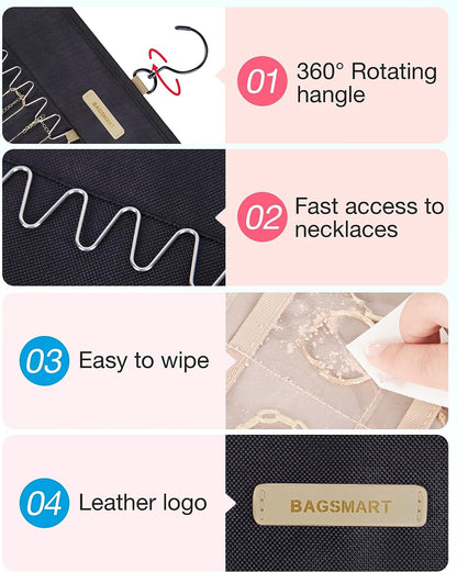 Hanging Jewelry Organizer Storage Roll with Hanger Metal Hooks Double-Sided Jewelry Holder for Earrings, Necklaces, Rings on Closet, Wall, Door, 1 Piece, Large, Black