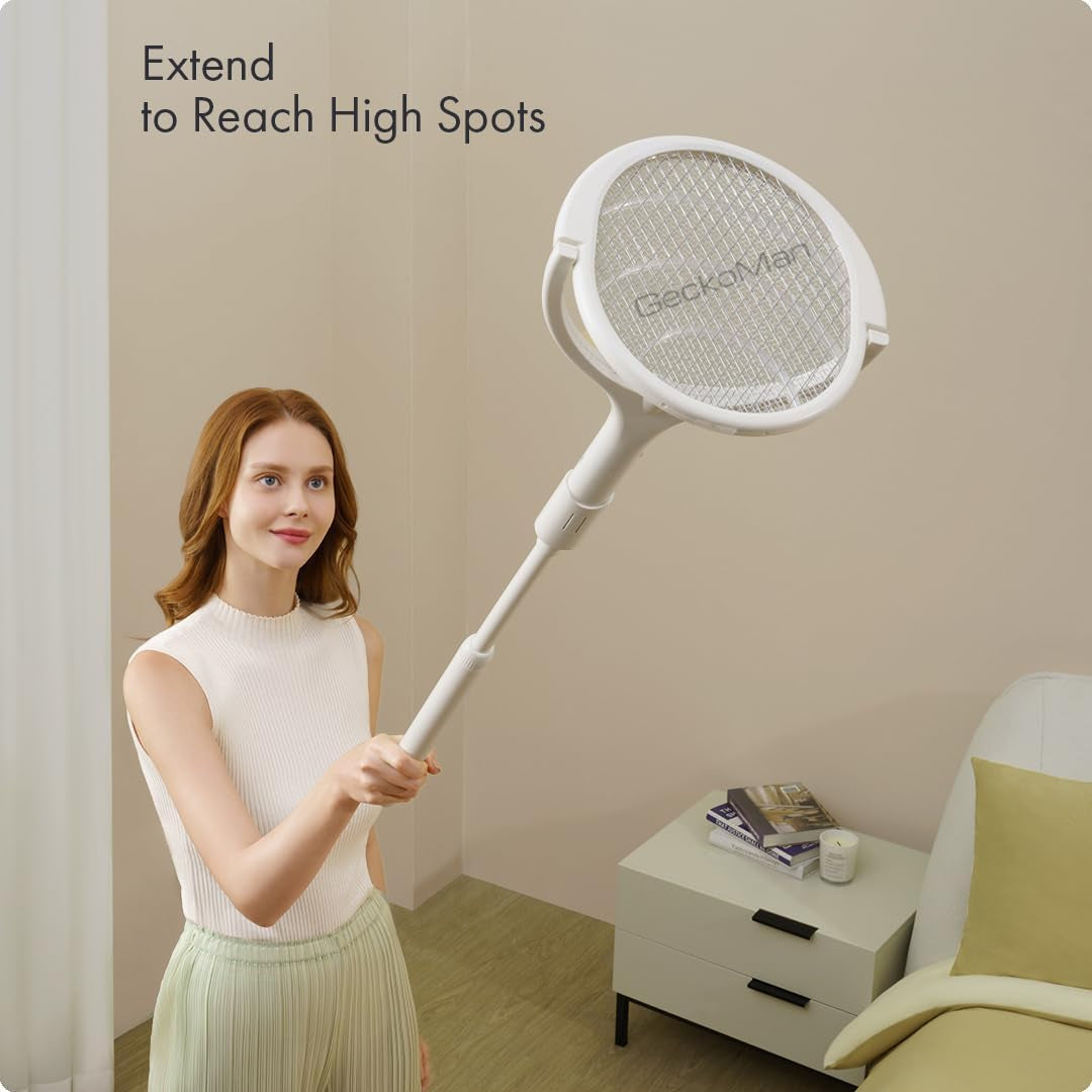 Rotating Head Electric Fly Swatter Racket Rechargeable Bug Zapper Racket Bug Zapper Indoor Fly Zapper Mosquito Zapper Flies Killer for Indoors, with a Telescopic Extension