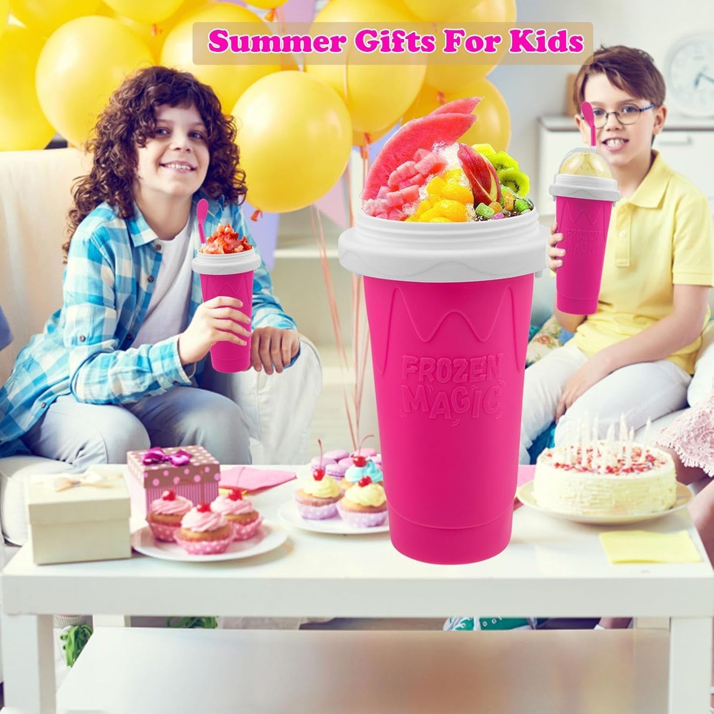 Slushie Maker Cup, Magic Quick Frozen Smoothies Cup for Homemade Milk Shake Ice Cream Maker, Cooling Cup, Double Layer Squeeze Slushy Maker Cup, Birthday Gifts for Friends,Family(Pink)