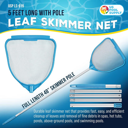 Pool and Spa Skimmer Net with Pole, Handheld Fine Mesh Pool Skimmer Net - Hand Held Spa, Hot Tub, Pond Cleaning - Step-Up 32" to 5 Feet Long, Leaf Netting, Scoop Skim Leaves & Debris