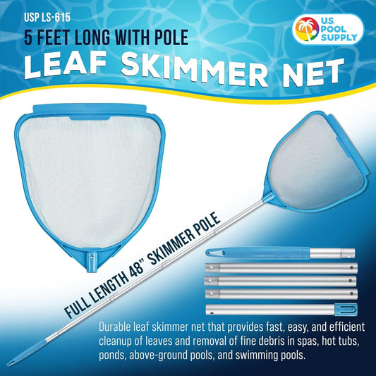 Pool and Spa Skimmer Net with Pole, Handheld Fine Mesh Pool Skimmer Net - Hand Held Spa, Hot Tub, Pond Cleaning - Step-Up 32" to 5 Feet Long, Leaf Netting, Scoop Skim Leaves & Debris