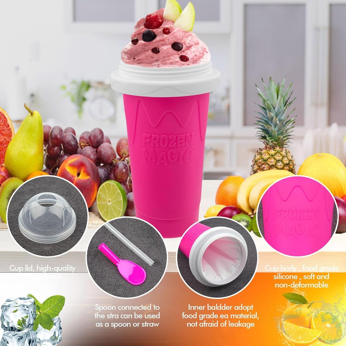 Slushie Maker Cup, Magic Quick Frozen Smoothies Cup for Homemade Milk Shake Ice Cream Maker, Cooling Cup, Double Layer Squeeze Slushy Maker Cup, Birthday Gifts for Friends,Family(Pink)