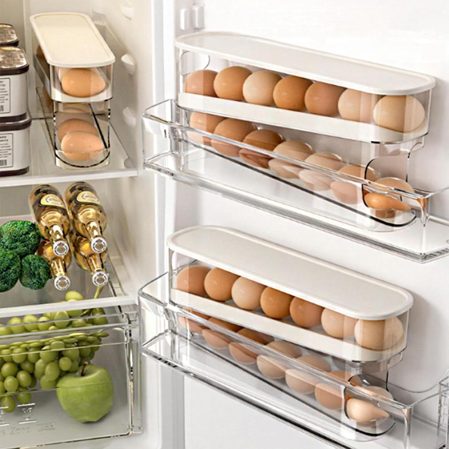Auto Rolling Fridge Egg Organizer, Space Saving Eggs Dispenser for Refrigerator Storager with Lid,Egg Holder for Fridge 2 Pack
