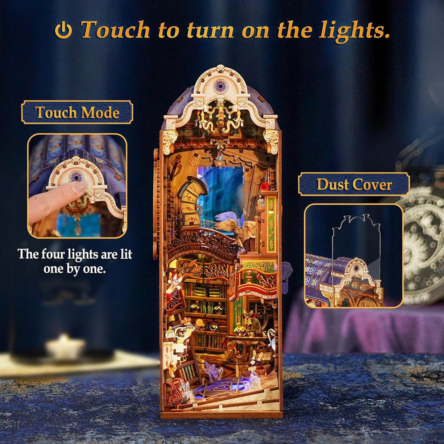 Tonecheer Book Nook Kit with Dust Cover and LED Light, Magical Library Booknook DIY Miniature House 3D Wooden Puzzle, Movable and Rotating Parts, Creative Bookshelf Decor, Unique Gift for Adults