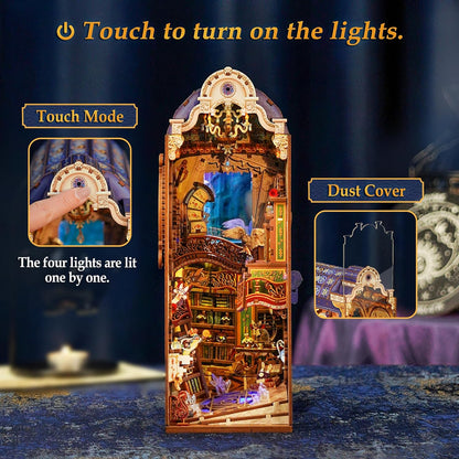 Tonecheer Book Nook Kit with Dust Cover and LED Light, Magical Library Booknook DIY Miniature House 3D Wooden Puzzle, Movable and Rotating Parts, Creative Bookshelf Decor, Unique Gift for Adults