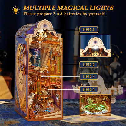 Tonecheer Book Nook Kit with Dust Cover and LED Light, Magical Library Booknook DIY Miniature House 3D Wooden Puzzle, Movable and Rotating Parts, Creative Bookshelf Decor, Unique Gift for Adults