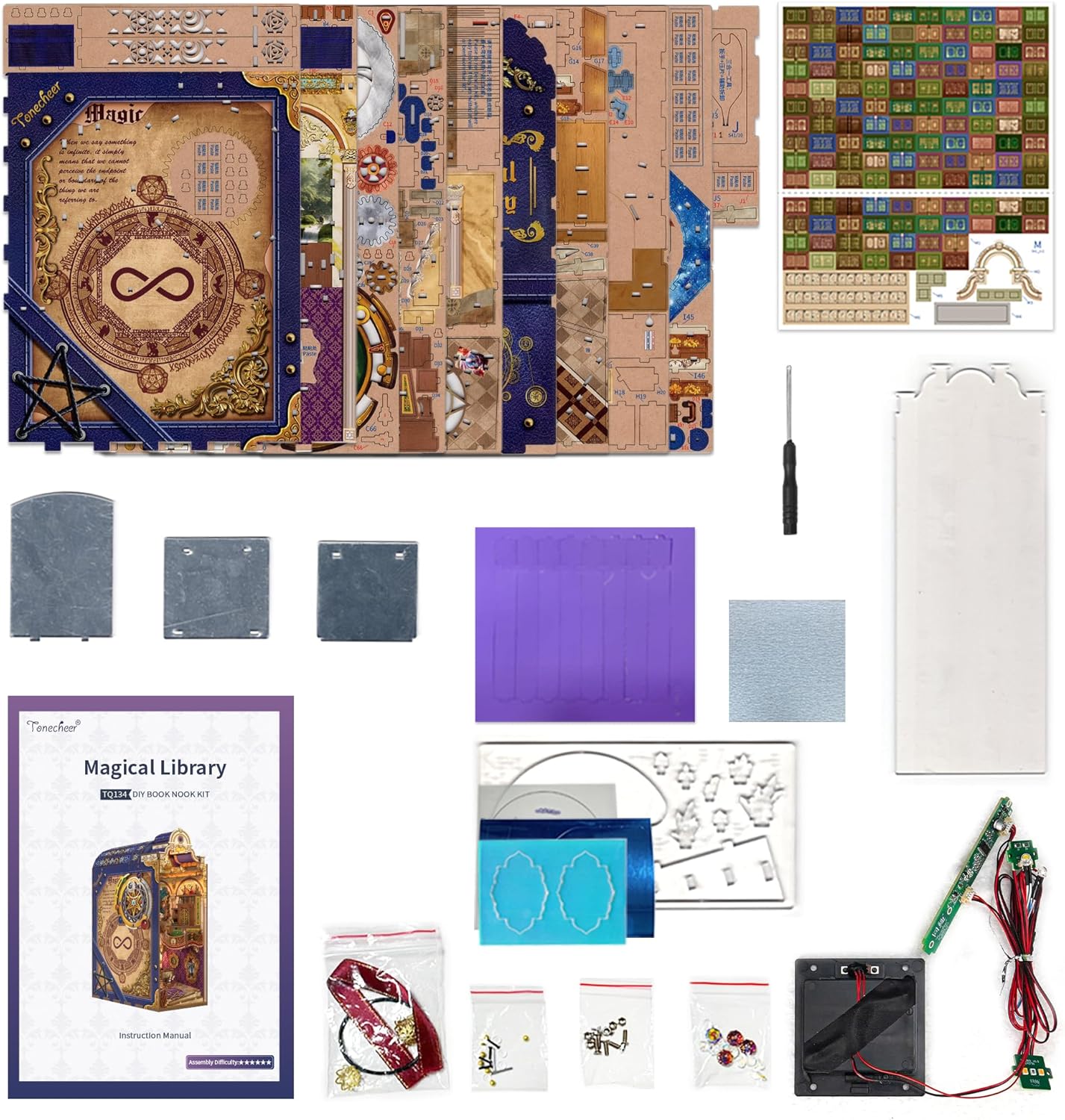 Tonecheer Book Nook Kit with Dust Cover and LED Light, Magical Library Booknook DIY Miniature House 3D Wooden Puzzle, Movable and Rotating Parts, Creative Bookshelf Decor, Unique Gift for Adults