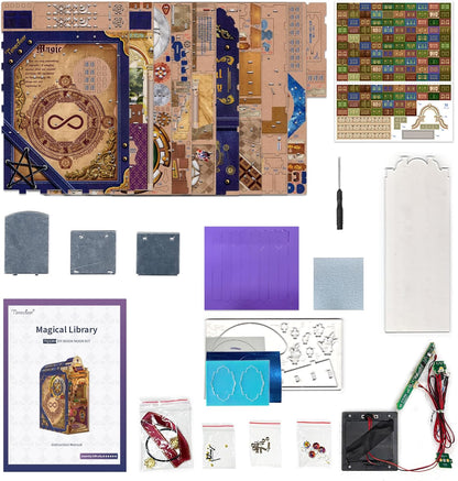 Tonecheer Book Nook Kit with Dust Cover and LED Light, Magical Library Booknook DIY Miniature House 3D Wooden Puzzle, Movable and Rotating Parts, Creative Bookshelf Decor, Unique Gift for Adults