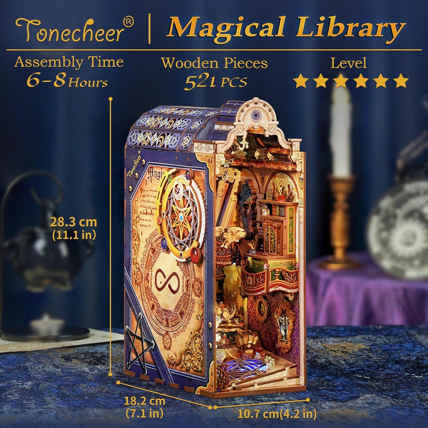 Tonecheer Book Nook Kit with Dust Cover and LED Light, Magical Library Booknook DIY Miniature House 3D Wooden Puzzle, Movable and Rotating Parts, Creative Bookshelf Decor, Unique Gift for Adults