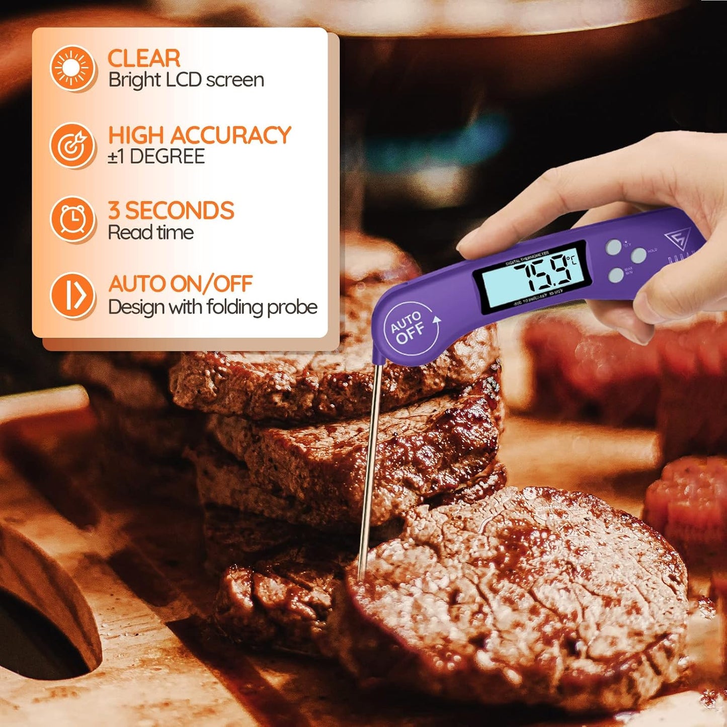 "DOQAUS Meat Thermometers, Instant Read Cooking Thermometer, Digital Food Thermometer, Backlight LCD Screen Foldable Long Probe & Auto On/Off, Perfect for Kitchen Cooking, BBQ, Water,Meat, Milk(Purple) "