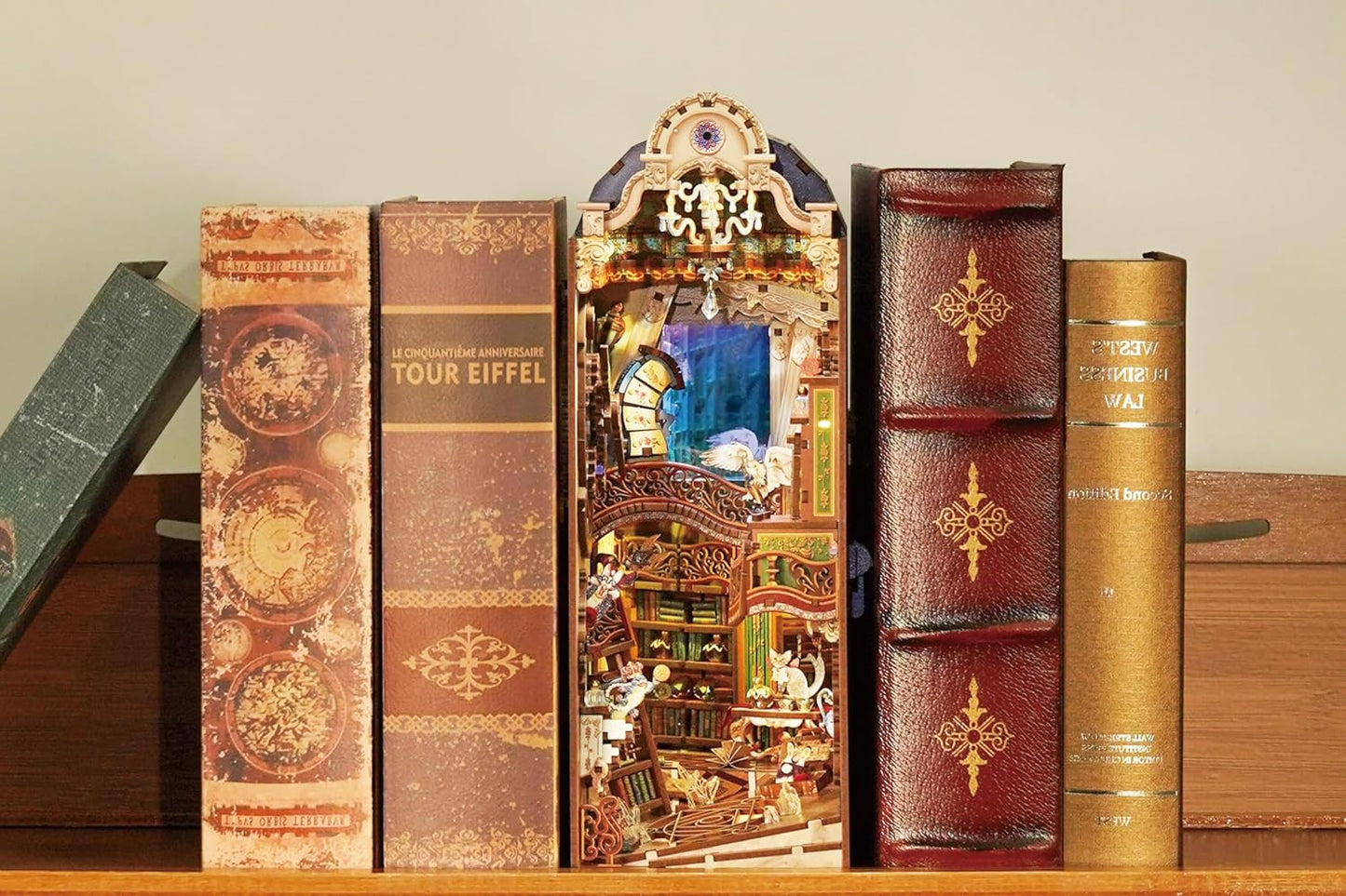 Tonecheer Book Nook Kit with Dust Cover and LED Light, Magical Library Booknook DIY Miniature House 3D Wooden Puzzle, Movable and Rotating Parts, Creative Bookshelf Decor, Unique Gift for Adults