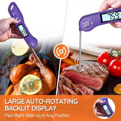"DOQAUS Meat Thermometers, Instant Read Cooking Thermometer, Digital Food Thermometer, Backlight LCD Screen Foldable Long Probe & Auto On/Off, Perfect for Kitchen Cooking, BBQ, Water,Meat, Milk(Purple) "