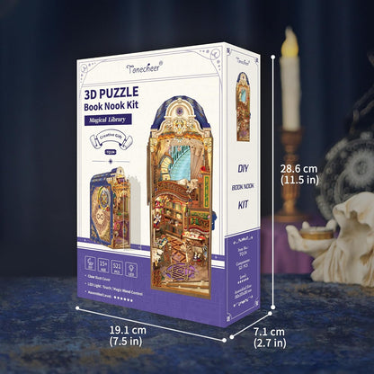 Tonecheer Book Nook Kit with Dust Cover and LED Light, Magical Library Booknook DIY Miniature House 3D Wooden Puzzle, Movable and Rotating Parts, Creative Bookshelf Decor, Unique Gift for Adults
