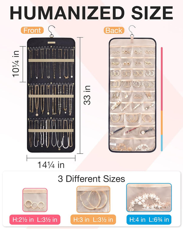 Hanging Jewelry Organizer Storage Roll with Hanger Metal Hooks Double-Sided Jewelry Holder for Earrings, Necklaces, Rings on Closet, Wall, Door, 1 Piece, Large, Black