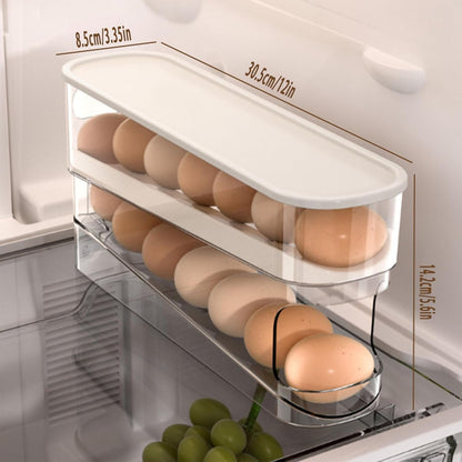 Auto Rolling Fridge Egg Organizer, Space Saving Eggs Dispenser for Refrigerator Storager with Lid,Egg Holder for Fridge 2 Pack