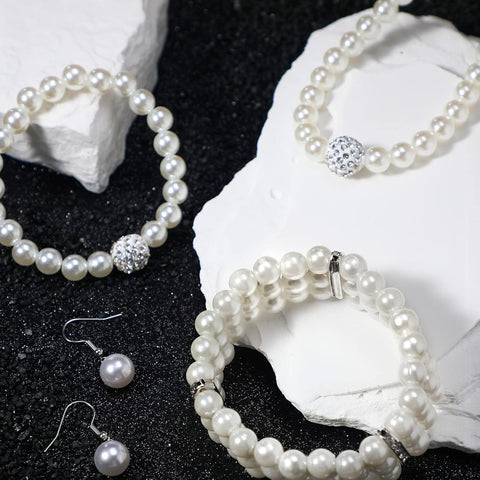 Pearl Rhinestone Jewelry Set for Women Pearl Necklace Bracelet Earrings for Wedding Birthday Bridal Shower Tea Party