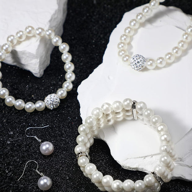 Pearl Rhinestone Jewelry Set for Women Pearl Necklace Bracelet Earrings for Wedding Birthday Bridal Shower Tea Party
