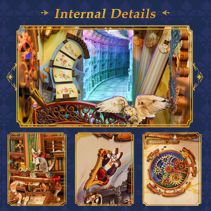 Tonecheer Book Nook Kit with Dust Cover and LED Light, Magical Library Booknook DIY Miniature House 3D Wooden Puzzle, Movable and Rotating Parts, Creative Bookshelf Decor, Unique Gift for Adults