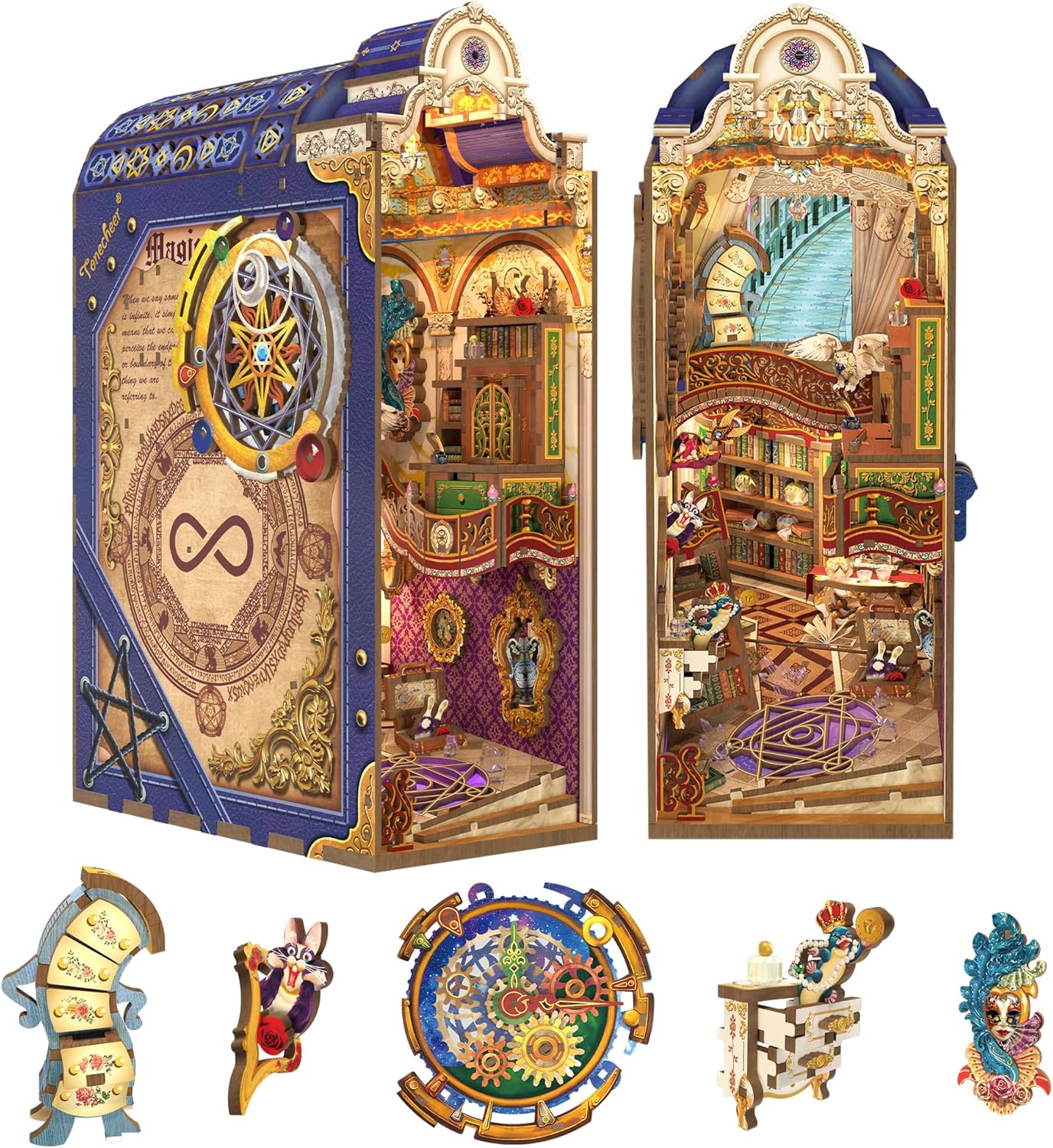 Tonecheer Book Nook Kit with Dust Cover and LED Light, Magical Library Booknook DIY Miniature House 3D Wooden Puzzle, Movable and Rotating Parts, Creative Bookshelf Decor, Unique Gift for Adults