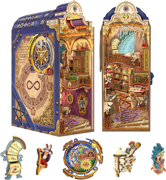 Tonecheer Book Nook Kit with Dust Cover and LED Light, Magical Library Booknook DIY Miniature House 3D Wooden Puzzle, Movable and Rotating Parts, Creative Bookshelf Decor, Unique Gift for Adults