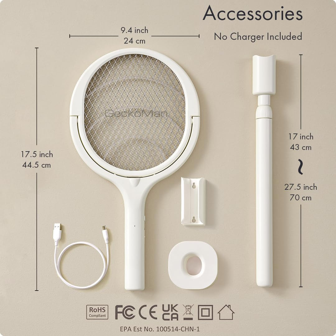 Rotating Head Electric Fly Swatter Racket Rechargeable Bug Zapper Racket Bug Zapper Indoor Fly Zapper Mosquito Zapper Flies Killer for Indoors, with a Telescopic Extension
