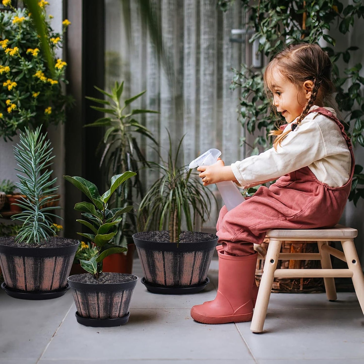 6 Inch Brown Barrel Planters with Drainage Holes & Saucer, Set of 4, Indoor & Outdoor Garden Home Plants